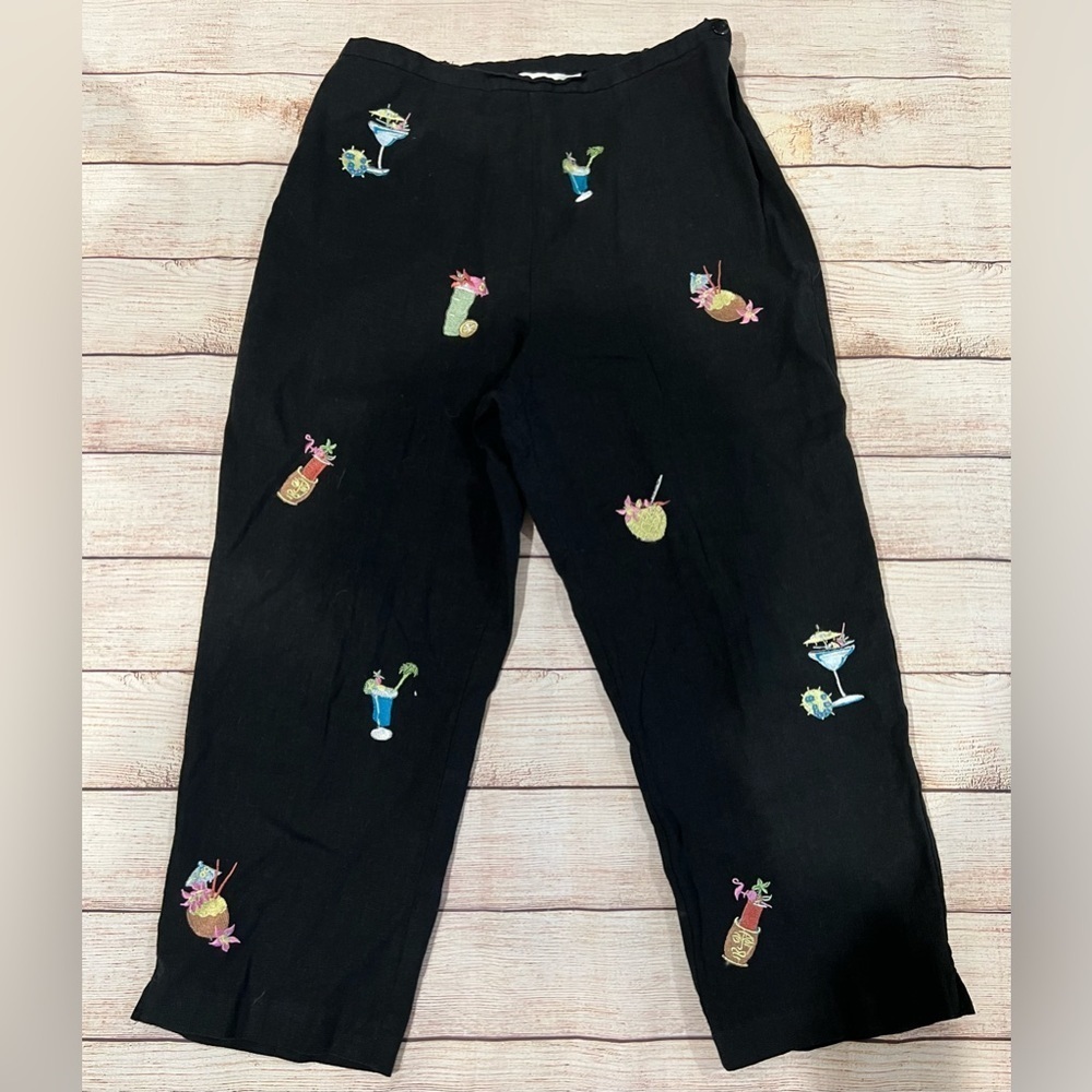 A.K.C. Embroidered Cocktail Linen Blend Cropped black Capri Pants Size Small